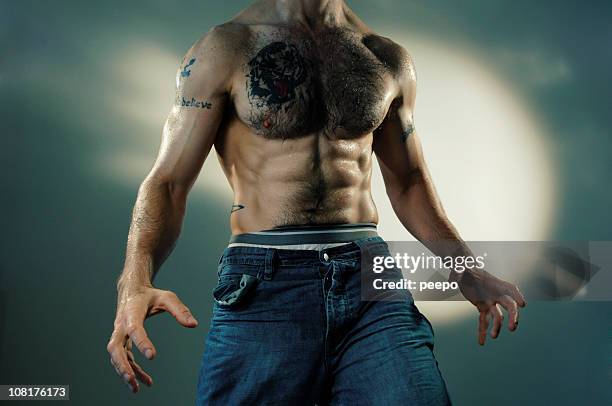 body of shirtless and tattooed man - martial arts pants stock pictures, royalty-free photos & images