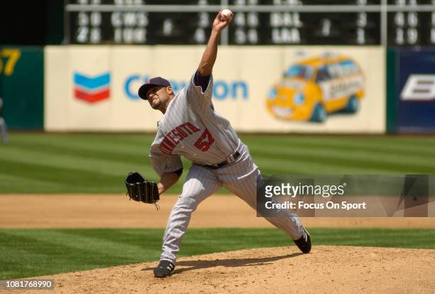 Johan Santana of the Minnesota Twins pitches against the Oakland Athletics during an Major League Baseball game June 3, 2007 at the Oakland-Alameda...