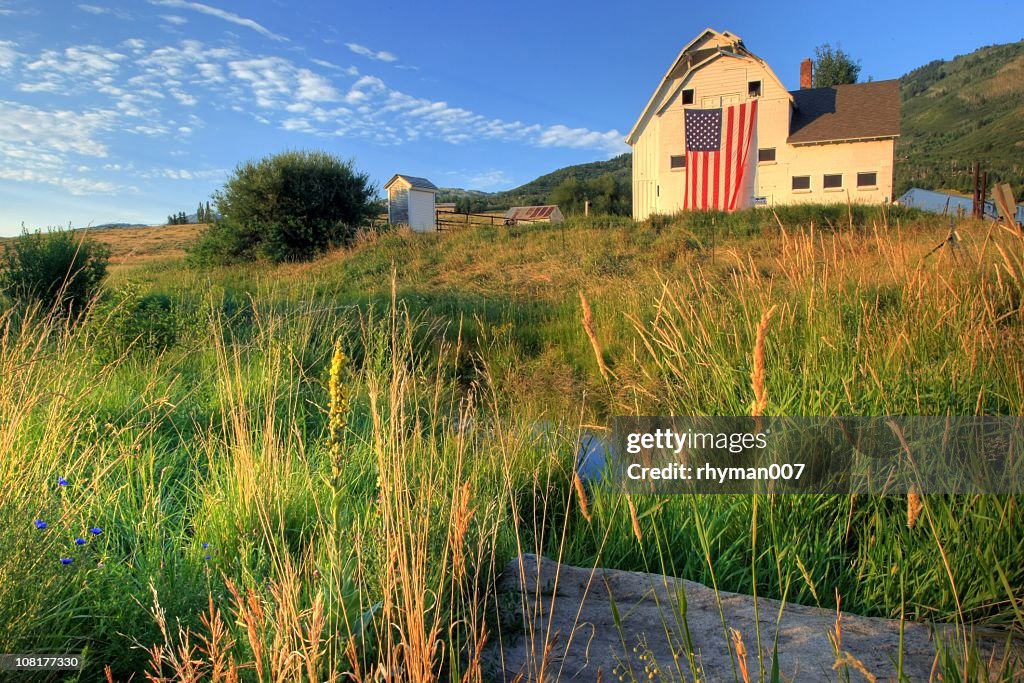 American farm with giant flag in field