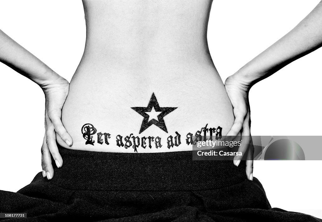 Portrait Of Womans Latin Phrase Back Tattoo High-Res Stock Photo - Getty  Images
