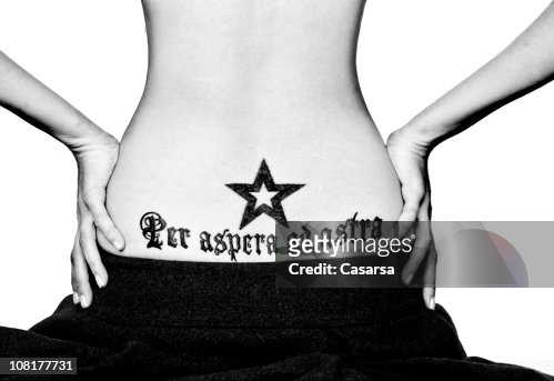Portrait Of Womans Latin Phrase Back Tattoo High-Res Stock Photo - Getty  Images
