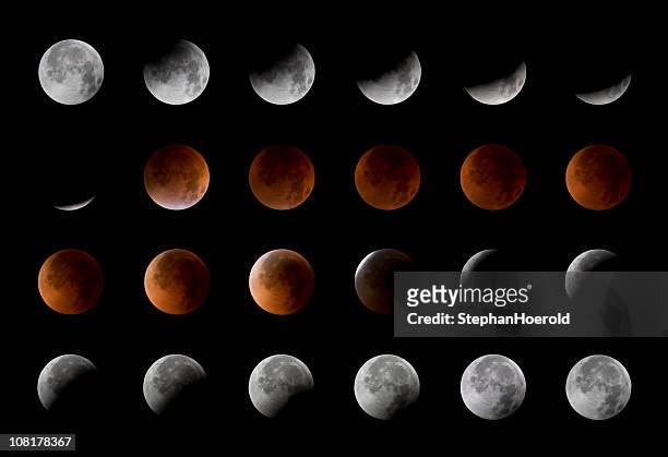 total lunar eclipse, 24 moon phases, august 28th, 2007 - maansverduistering stockfoto's en -beelden