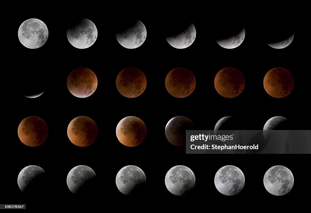 Total lunar eclipse, 24 moon phases, August 28th, 2007