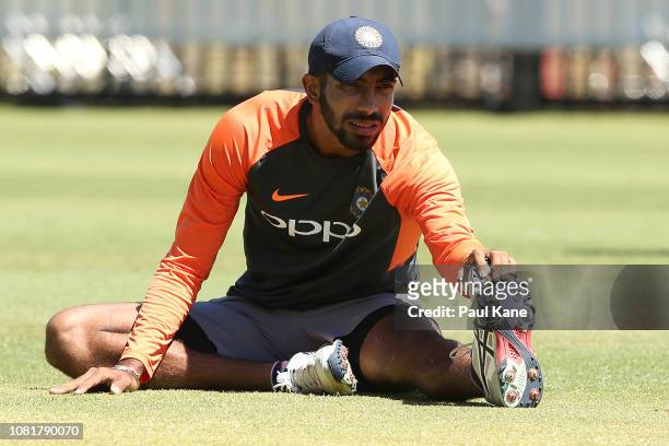 Jasprit Bumrah of India stretches during an India training session at Optus Stadium on December 13, 2018 in Perth, Australia.