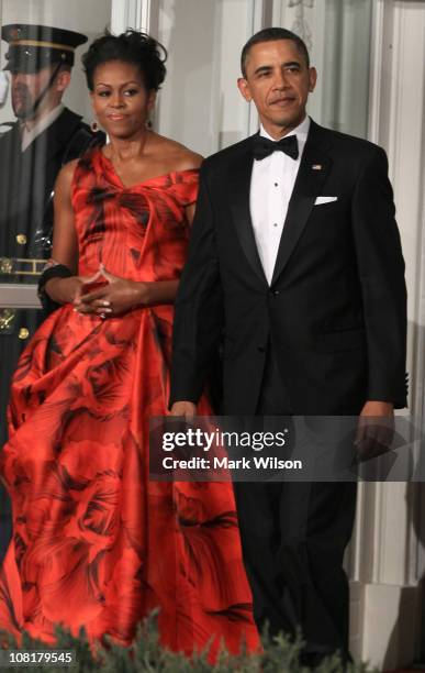 President Barack Obama and first lady Michelle Obama welcome Chinese President Hu Jintao for a State dinner at the White House January 19, 2011 in...