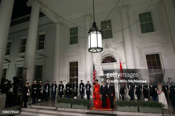 President Barack Obama and first lady Michelle Obama welcome Chinese President Hu Jintao for a State dinner at the White House January 19, 2011 in...