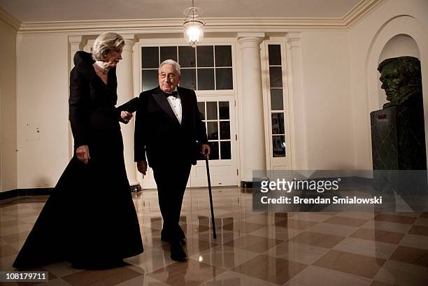 Nancy Kissinger and husband former Secretary of State Henry Kissinger arrive at the White House for a state dinner 19, 2011 in Washington, DC....
