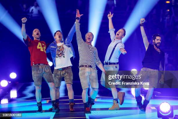 The band voXXclub during the television show 'Schlagerchampions - Das grosse Fest der Besten' at Velodrom on January 12, 2019 in Berlin, Germany.