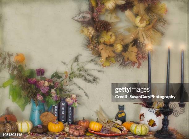 halloween autumn still life - rosa mantel stock pictures, royalty-free photos & images