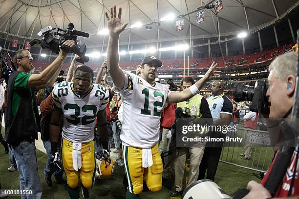 Divisional Playoffs: Green Bay Packers QB Aaron Rodgers victorious after winning game vs Atlanta Falcons at Georgia Dome.Atlanta, GA 1/15/2011CREDIT:...