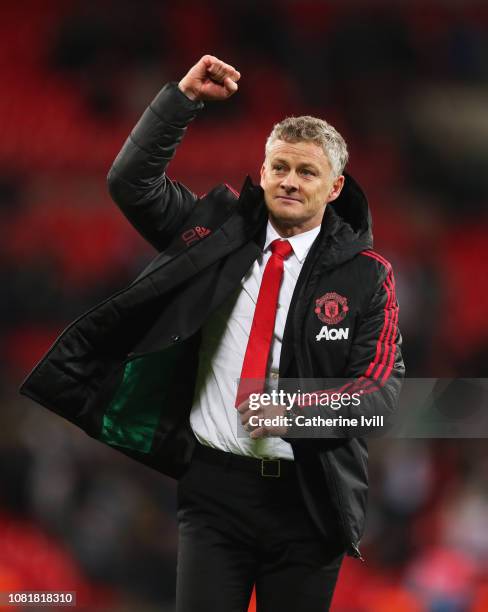 Ole Gunnar Solskjaer, Interim Manager of Manchester United celebrates victory after the Premier League match between Tottenham Hotspur and Manchester...