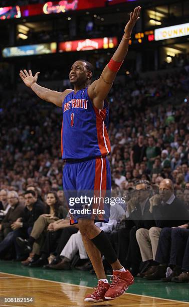Tracy McGrady of the Detroit Pistons reacts after he misses a shot and no foul was called against the Boston Celtics during the final minutes of the...