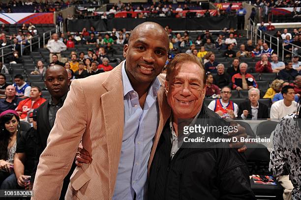Former NBA player Cuttino Mobley and Owner Donald Sterling of the Los Angeles Clippers pose for a photograph before a game between the Minnesota...