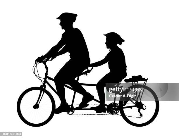 stockillustraties, clipart, cartoons en iconen met dubbele zetel vader en zoon fiets - family cycling