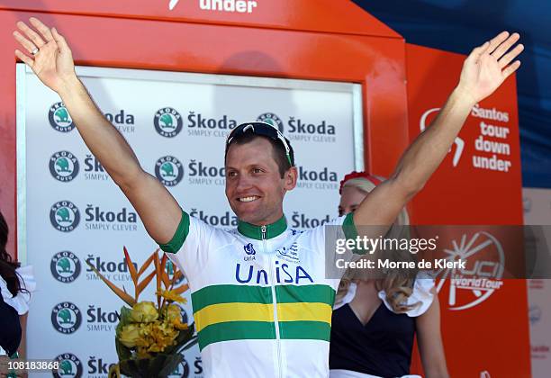 Luke Roberts of Australia and team Uni SA celebrates on the podium before being awarded the King of the Mountain Jersey after Stage Three of the 2011...