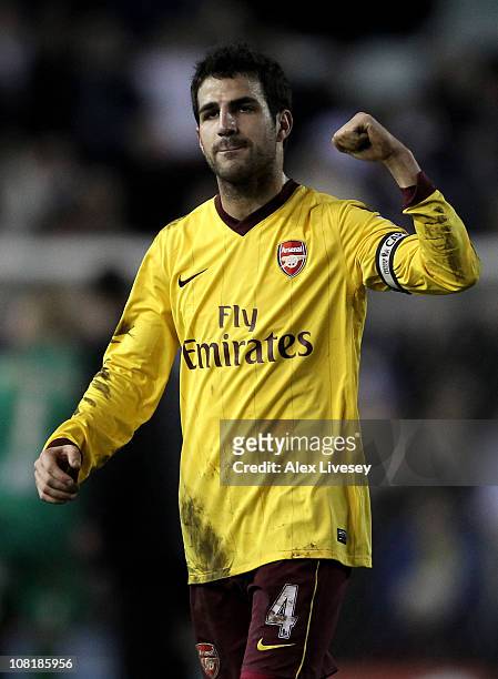 Cesc Fabregas of Arsenal celebrates at the end of the FA Cup sponsored by E.On Third Round Replay match between Leeds United and Arsenal at Elland...