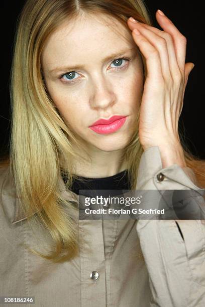 Model poses backstage prior the Schumacher Show during the Mercedes Benz Fashion Week Autumn/Winter 2011 at Bebelplatz on January 20, 2011 in Berlin,...