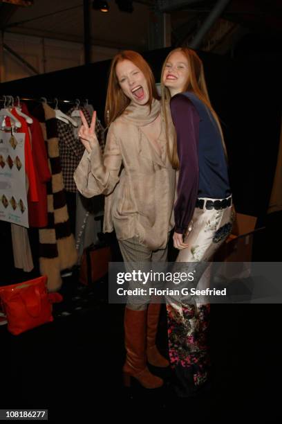 Models pose backstage prior the Schumacher Show during the Mercedes Benz Fashion Week Autumn/Winter 2011 at Bebelplatz on January 20, 2011 in Berlin,...