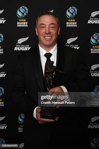 Clark Laidlaw holds the ASB New Zealand Coach of the Year Award during the 2018 ASB Rugby Awards at SkyCity Convention Centre on December 13, 2018 in...