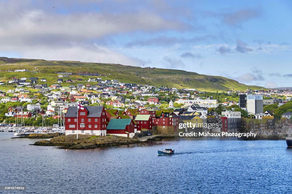 The dual harbor of Torshavn around Tinganes peninsula, the historical core of the country's capital.