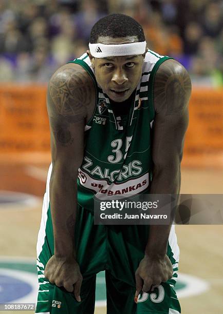 Travis Watson, #35 of Zalgiris Kaunas in action during the 2010-2011 Turkish Airlines Euroleague Top 16 Date 1 game between Power Electronics...