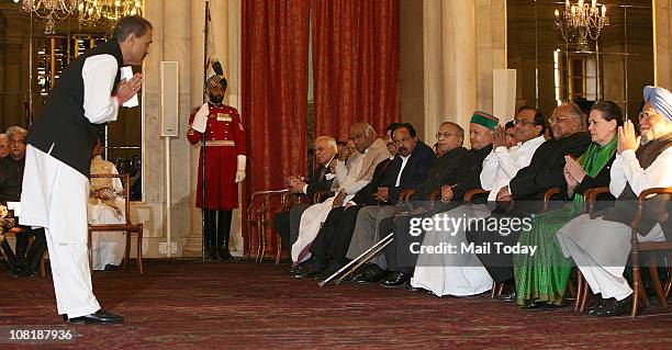 Praful Patel greets Prime Minister Manmohan Singh, Congress President Sonia Gandhi, Agriculture Minister Sharad Pawar and Home Minister P Chidambaram...