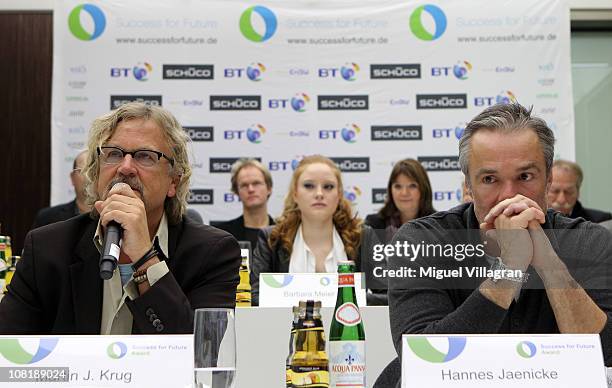 Martin J. Krug , initiator and organizer of the Success for Future Award and Actor Hannes Jaenicke, address the media during the Success for Future...