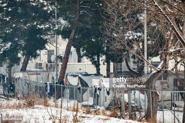 Diavata Refugee camp, former Anagnostopoulou military, camp outside Thessaloniki city in Greece after a heavy snowfall and subzero temperatures in...