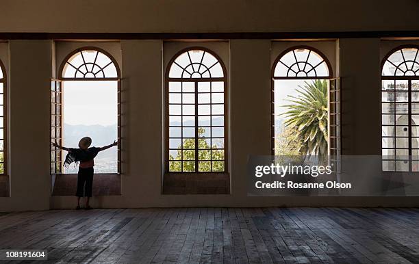 a woman stands at an open window in a large room. - rosanne olson stockfoto's en -beelden