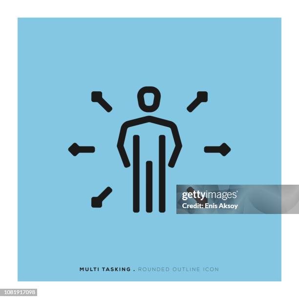 multi tasking rounded line icon - man using computer at home stock illustrations