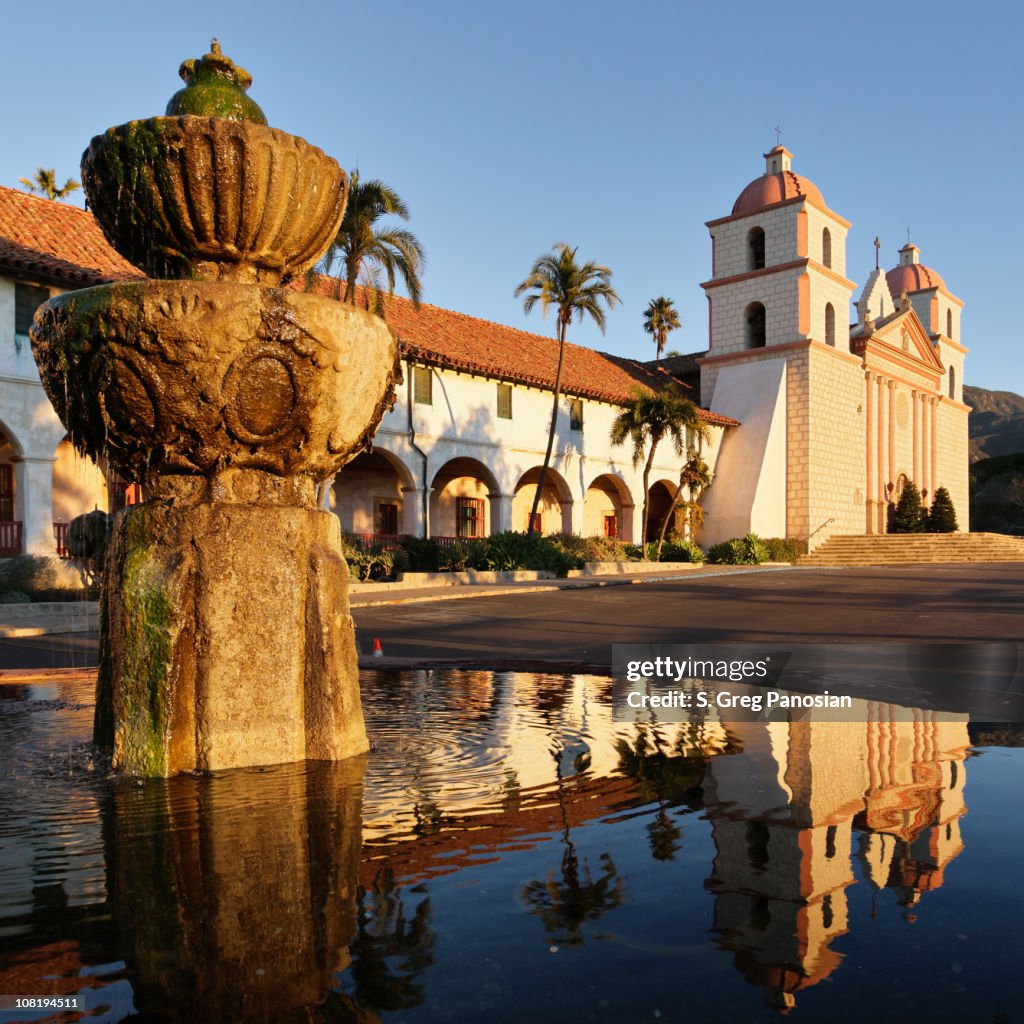 Santa Barbara Mission and Fountain at Sunrise