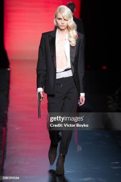 Andreja Pejic walks the runway during Jean-Paul Gaultier show as part of Paris Menswear Fashion Week Fall/Winter 2011-2012 at Atelier Jean-Paul...