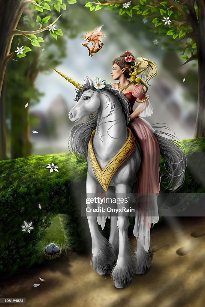 Licorne, Elfe et Dragon Illustration