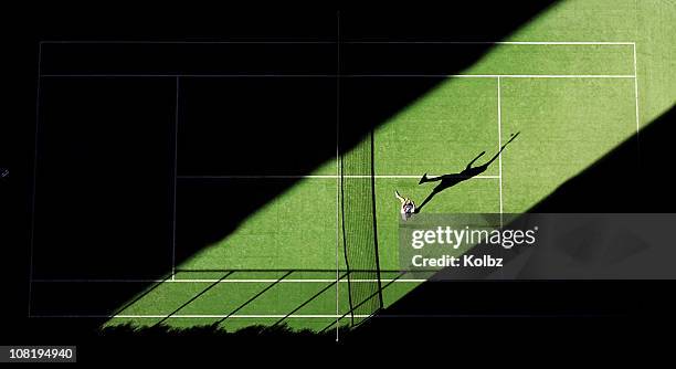 jogo de ténis de cima - taking a shot - sport imagens e fotografias de stock