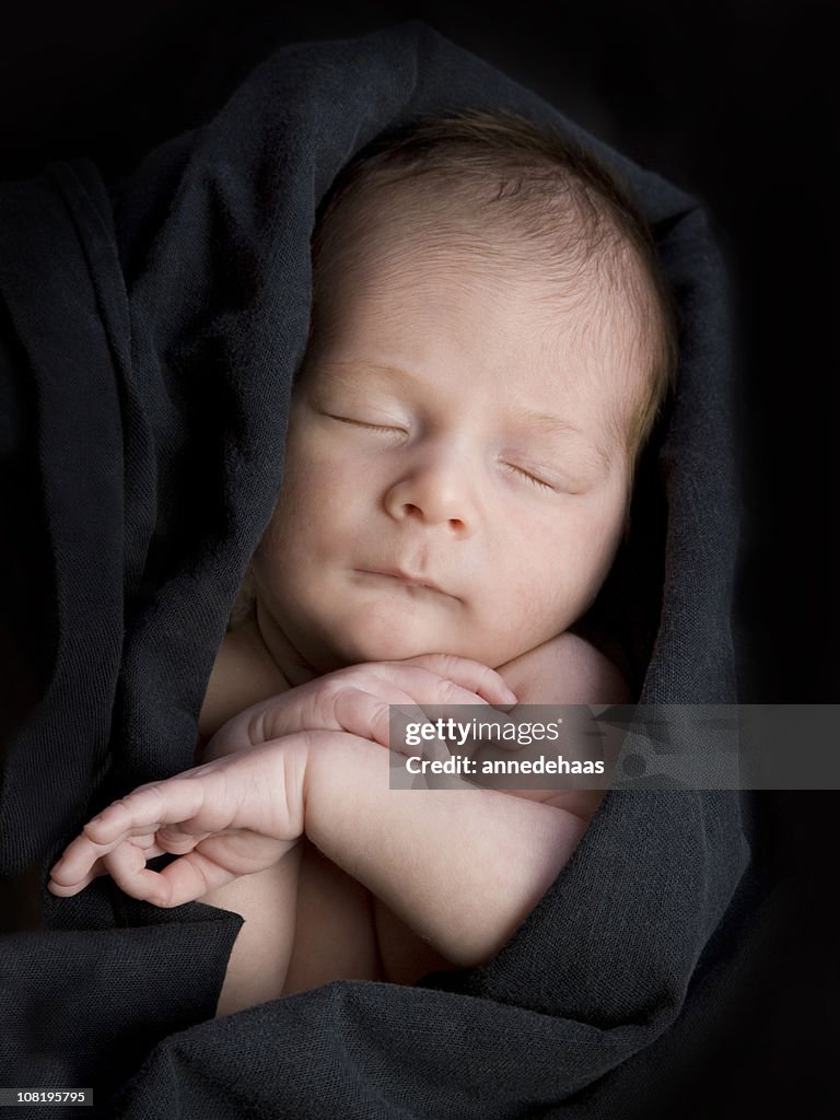 Sleeping Newborn Baby Wrapped in Black Blanket