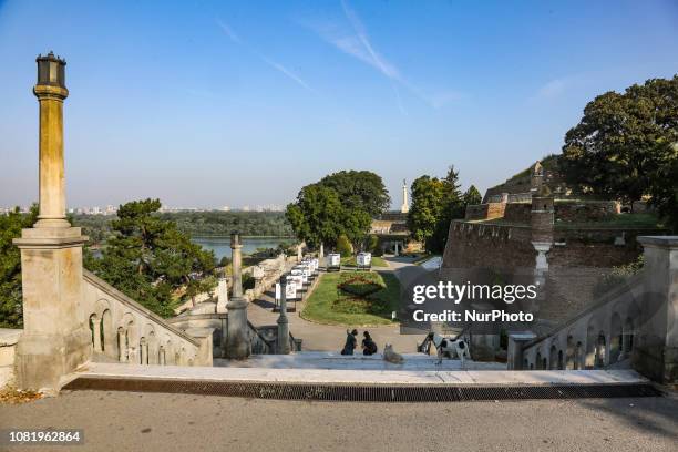 Stairs and park with The Victor monument and view of the river in the Fortress in the capital of Serbia, Belgrade, that are the old citadel with the...