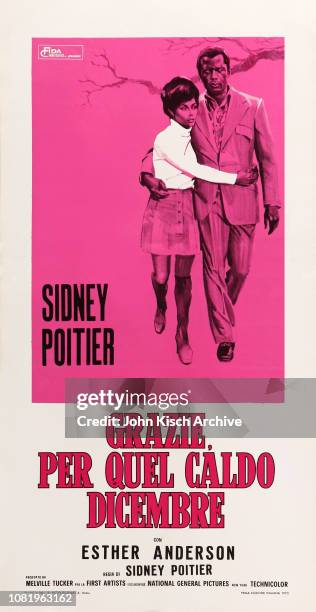 Movie poster advertises the Italian release of 'A Warm December', directed by and starring Sidney Poitier, with Esther Anderson, London, England,...