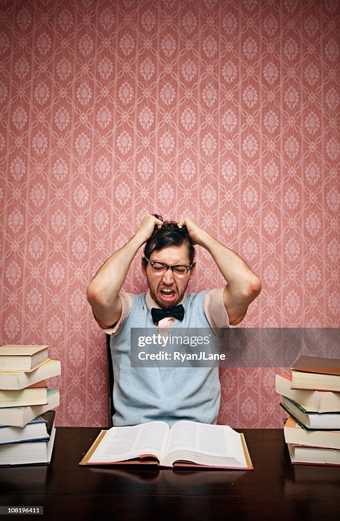 Frustrated Nerd Student Tired of His Homework