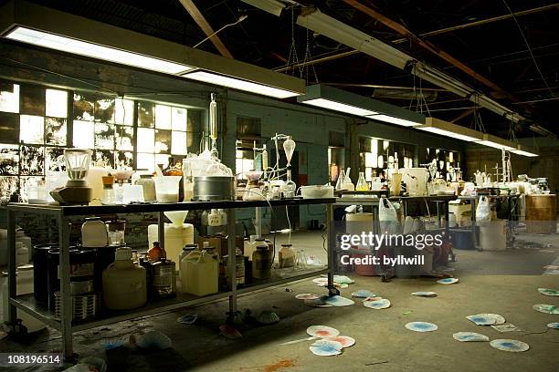 illegal meth lab with equipment everywhere - drugs cocaine stock pictures, royalty-free photos & images