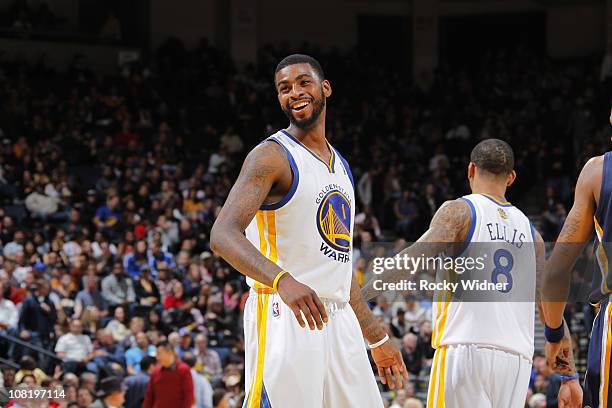 Dorell Wright of the Golden State Warriors flashes a smile during the game against the Indiana Pacers on January 19, 2011 at Oracle Arena in Oakland,...