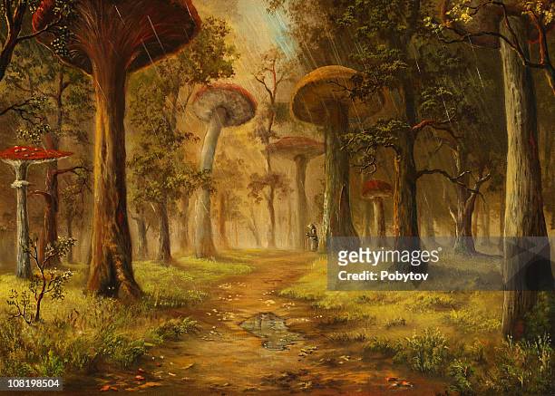 illustrazioni stock, clip art, cartoni animati e icone di tendenza di pittura ad olio di fungo foresta durante la pioggia - fungo
