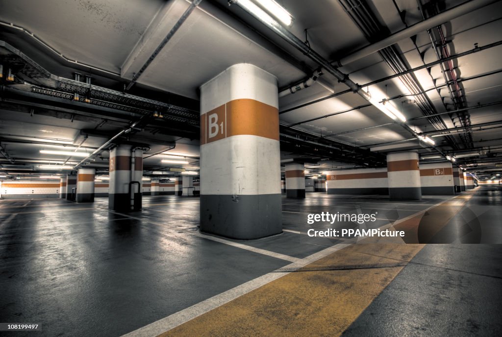 Empty Orange Parking Garage