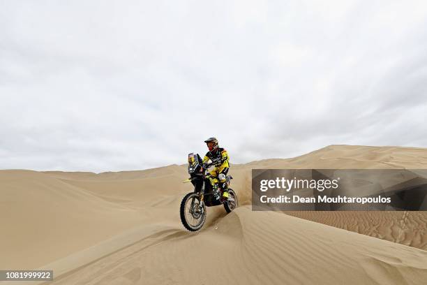 Slovnaft Team No. 11 Motorbike ridden by Stefan Svitko of Slovakia competes in the desert on the sand during Stage Six of the 2019 Dakar Rally...