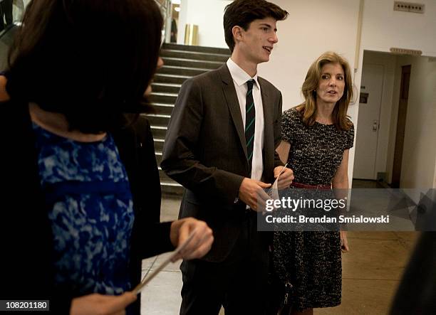 Caroline Kennedy and her children Rose Schlossberg and Jack Schlossberg walk to an event in the room where John F. Kennedy announced his candidacy...