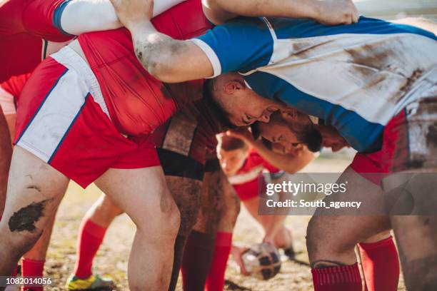 jugadores de rugby durante juego - melé fotografías e imágenes de stock