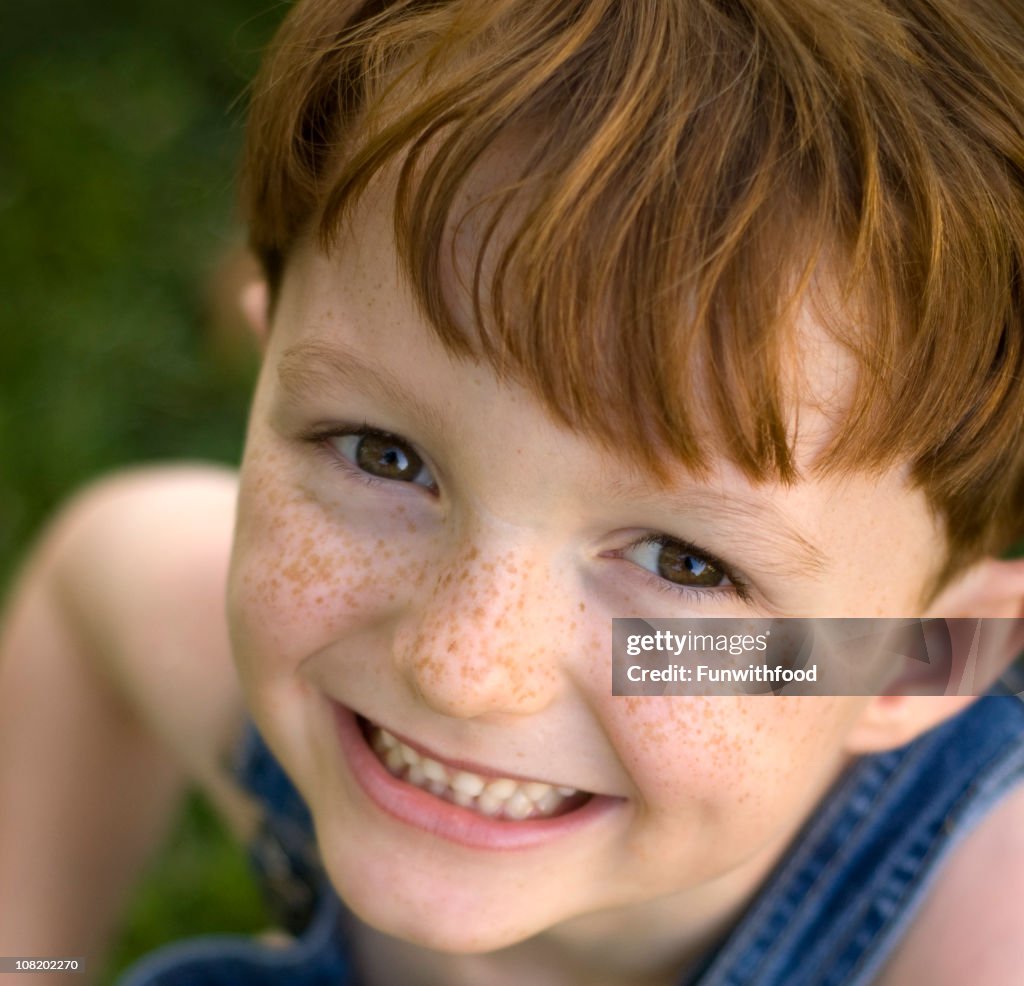 Cute Child Smiling, Happy Redhead Freckle Face Boy Laughing