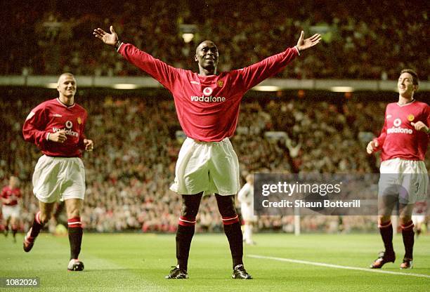 Andy Cole of Manchester United celebrates during the FA Carling Premiership match against Bradford City at Old Trafford in Manchester, England....