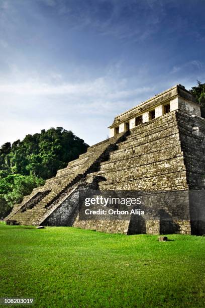 maya-tempel in mexiko an sonnigen tag mit blauem himmel - palenque stock-fotos und bilder