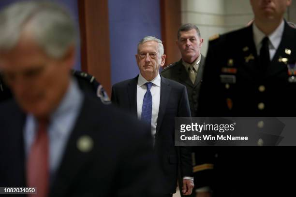 Secretary of Defense Jim Mattis arrives for a closed intelligence briefing at the U.S. Capitol with members of the House of Representatives December...