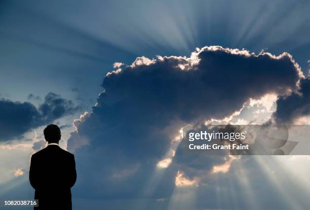 businessman standing before sunset and god rays. - elysium photos et images de collection
